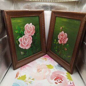 ART Painting 2 Framed 10x12" Vtg PINK ROSES on Canvas Dark Green Background Sign